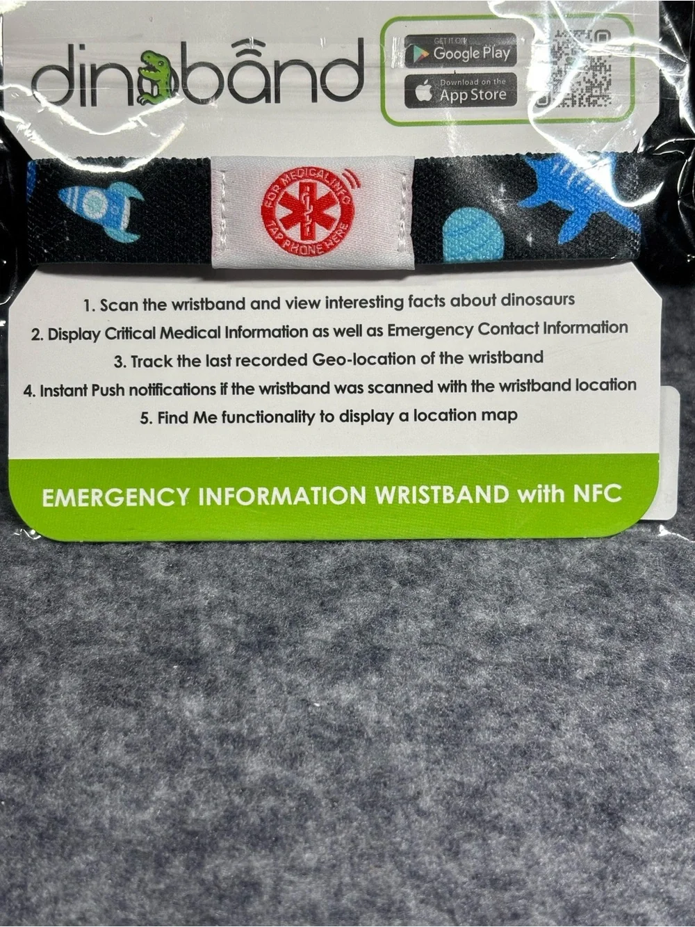 SAFETAG NFC Emergency Wristband - Black with Blue Dinosaur Pattern